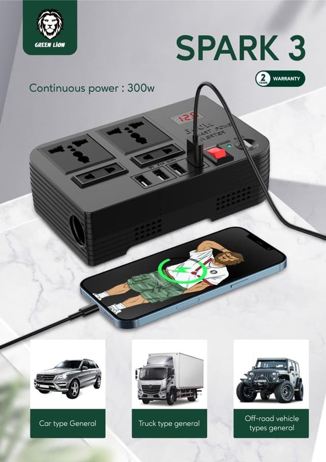 شاحن سيارة مع موزع كهربائي بقوة 300 واط Green Spark 3 Power Inverter