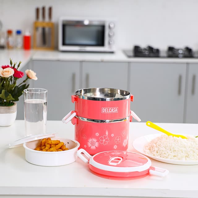 حافظة طعام بطبقتين - 1700 مل - وردي 2 Layer Round Lunch Box - Delcasa