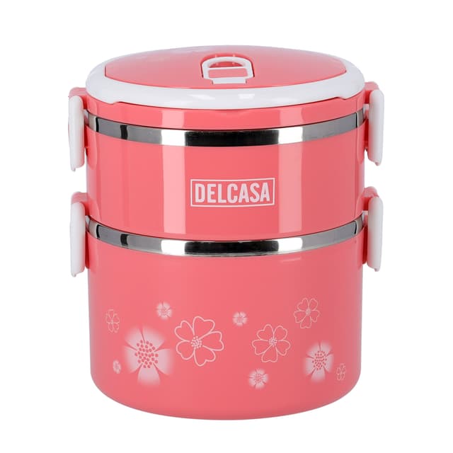 حافظة طعام بطبقتين - 1700 مل - وردي 2 Layer Round Lunch Box - Delcasa