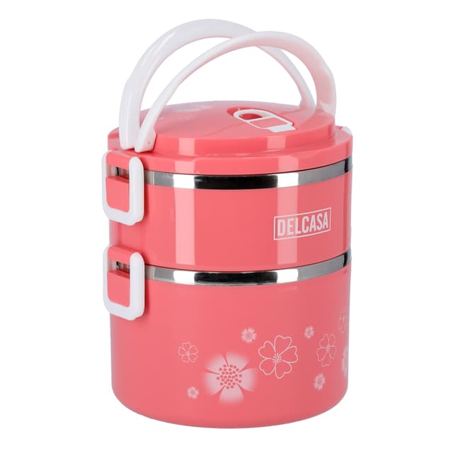 حافظة طعام بطبقتين - 1700 مل - وردي 2 Layer Round Lunch Box - Delcasa