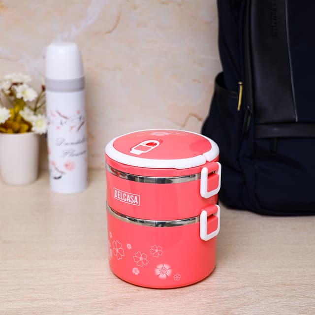 حافظة طعام بطبقتين - 1700 مل - وردي 2 Layer Round Lunch Box - Delcasa
