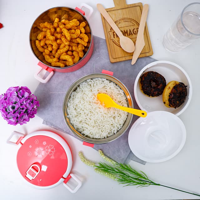 حافظة طعام بطبقتين - 1700 مل - وردي 2 Layer Round Lunch Box - Delcasa