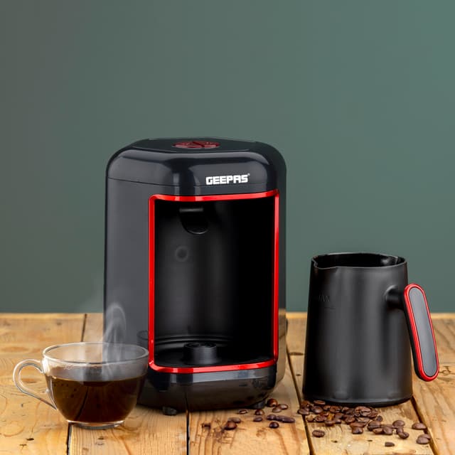 Geepas Turkish Coffee Maker, 4 Cups Capacity, GCM41515 | Plastic Materials With Stainless Steel Heat Plate | Overflow Prevention System | Sound Alarm System | Auto-Shut Off