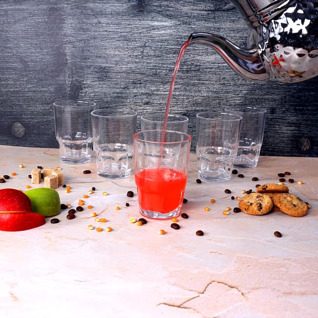 Royalford 250ml 6Pcs Glass - Portable Light Weight Water Cup Drinking Glass | Transparent Body with Dishwasher Safe | Ideal for Party Picnic BBQ Camping Garden