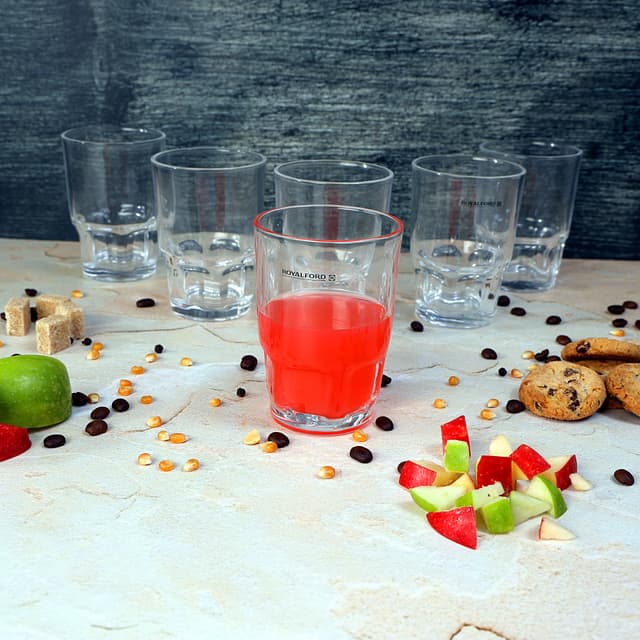 Royalford 250ml 6Pcs Glass - Portable Light Weight Water Cup Drinking Glass | Transparent Body with Dishwasher Safe | Ideal for Party Picnic BBQ Camping Garden