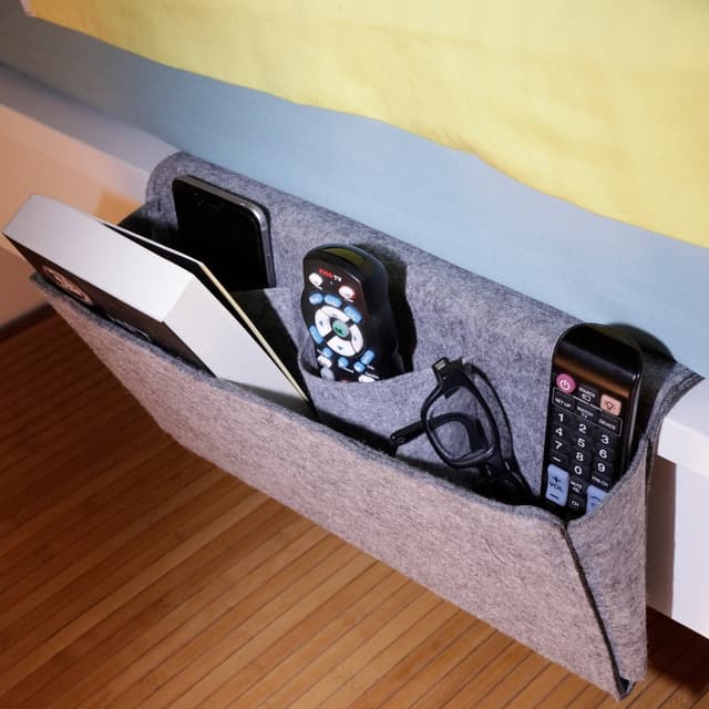 Kikkerland Felt Bedside Caddy - Bedside Storage Pocket and Holder for Book, Magazine, TV Remote, SmartPhone, Cables PowerBank, Charger and more - Large