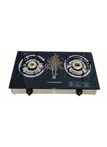 Olsenmark Tempered Glass Double Burner Gas Stove - Auto Ignition - Stainless-Steel Drip Pan - Glass