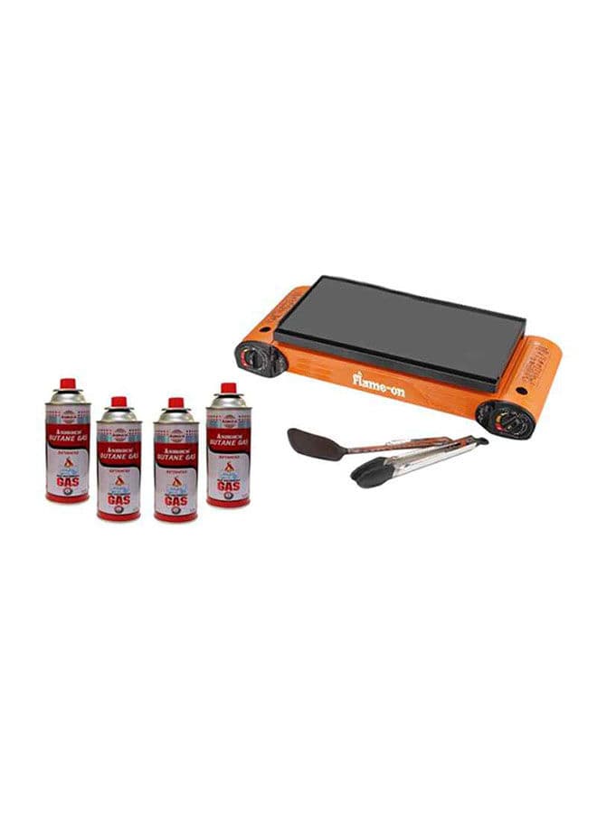 Flame-on Double Gas Stove With Grill BBQ Plate And 4 Butane Gas Cartridge