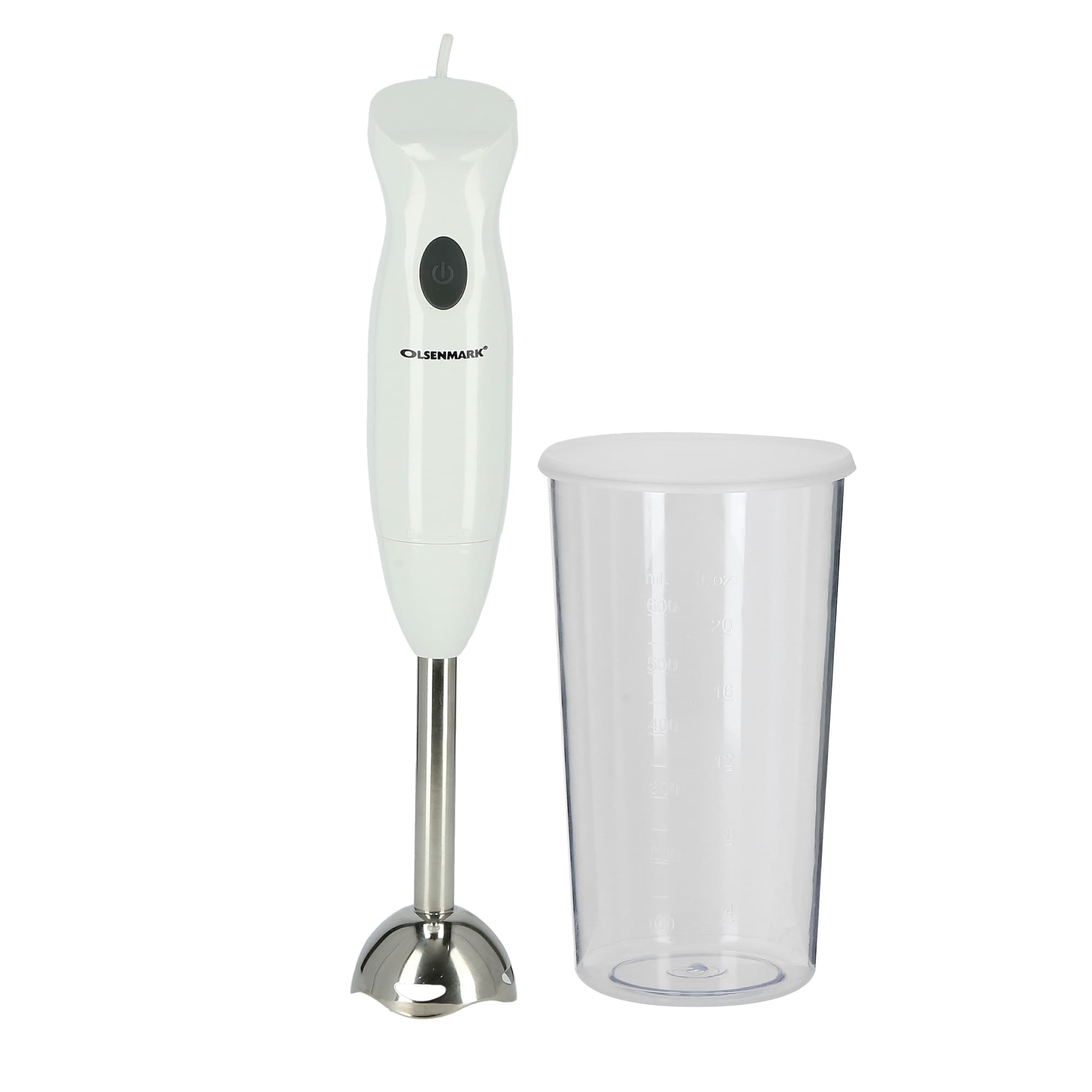 Olsenmark OMHB2285 Hand Blender, 200W - Stainless Steel Blade - Detachable Stick & Hang Up Loop - One Speed Operation - Anti-Splash Bade Guard - 600ml Jar with Lid | 2 Years Warranty