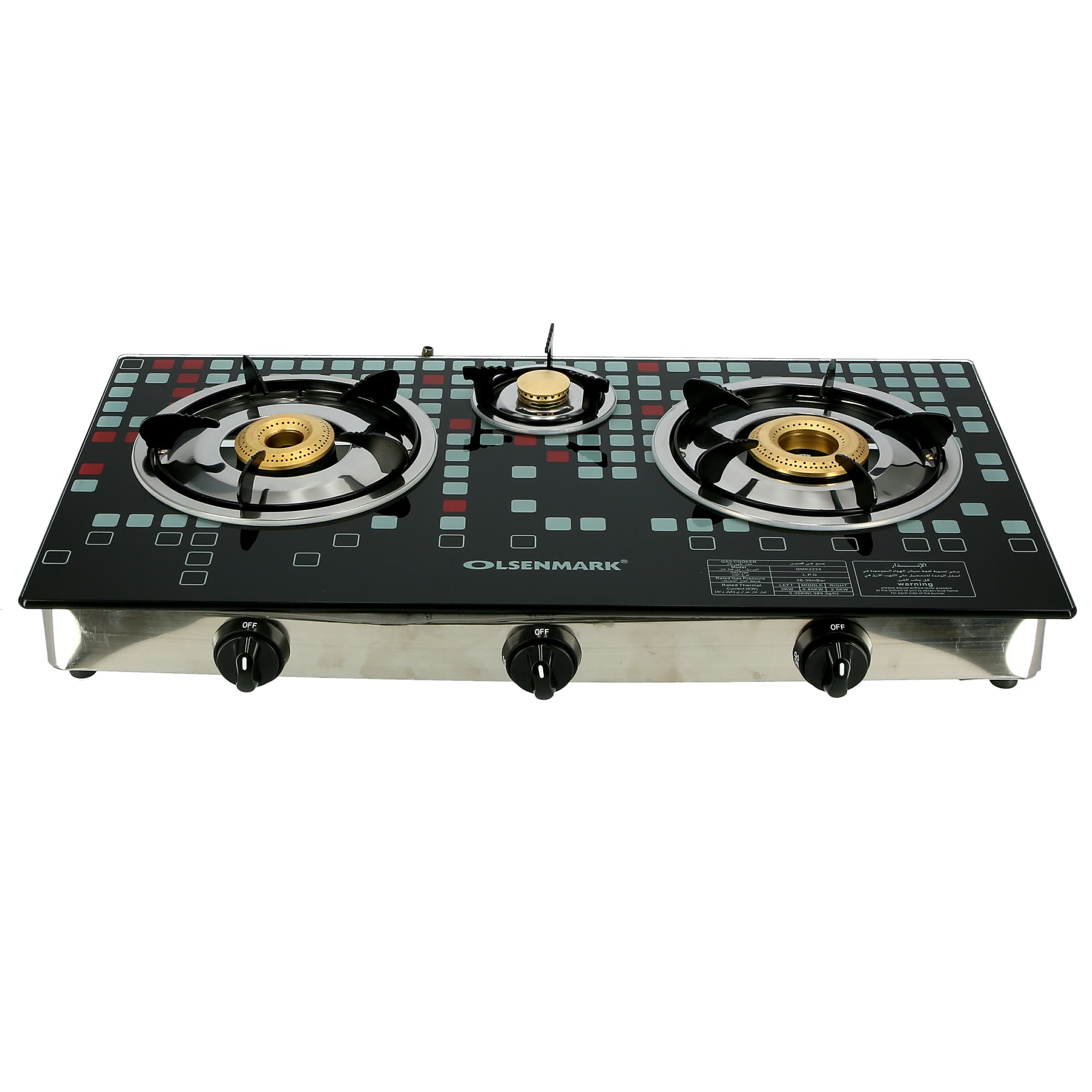 Olsenmark Tempered Glass Triple Burner Gas Stove - Auto Ignition - Stainless-Steel Drip Pan - Glass