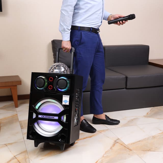 Olsenmark Rechargeable Trolley Speaker With Usb, Sd Card, Fm, Mic, Bluetooth & Remote - Led Light