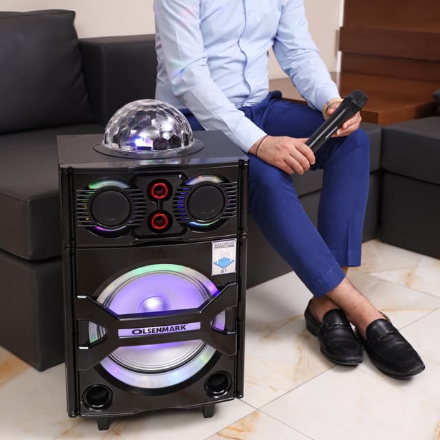 Olsenmark Rechargeable Trolley Speaker With Usb, Sd Card, Fm, Mic, Bluetooth & Remote - Led Light
