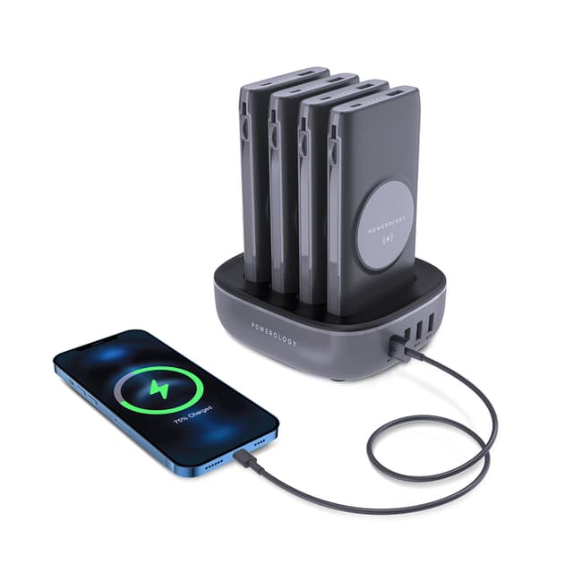 Powerology 4 in 1 Wireless Power Bank Station 10000mAh with Built-In Cable ( Lightning & Type-C ) PD 20W - Black