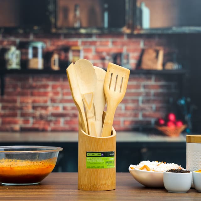 طقم مغارف خشبية خيزران مع حامل رويال فورد Royalford Organic Bamboo Kitchen Tools, Nonstick Utensil Set, RF10239