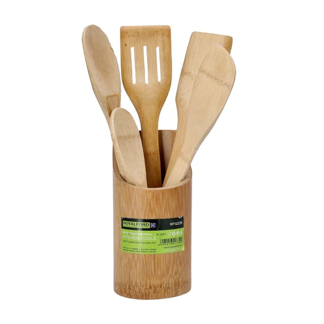 طقم مغارف خشبية خيزران مع حامل رويال فورد Royalford Organic Bamboo Kitchen Tools, Nonstick Utensil Set, RF10239