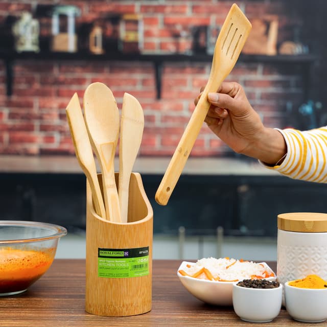 طقم مغارف خشبية خيزران مع حامل رويال فورد Royalford Organic Bamboo Kitchen Tools, Nonstick Utensil Set, RF10239