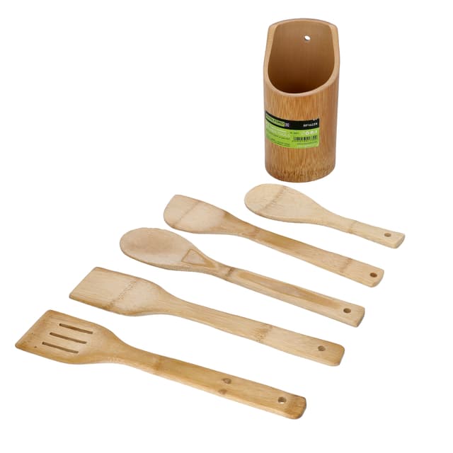 طقم مغارف خشبية خيزران مع حامل رويال فورد Royalford Organic Bamboo Kitchen Tools, Nonstick Utensil Set, RF10239