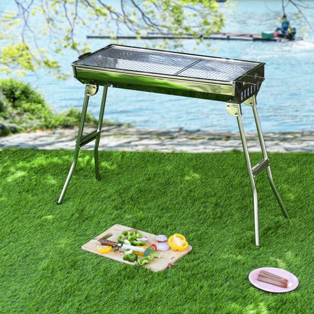 Royalford Barbecue Stand with Grill, Larger Grilling Area, RF10362 - Durable Stainless-Steel Construction, Foldable & Portable Design for Easy Transport & Storage, Used for Camping, Outdoor Pool Party Etc