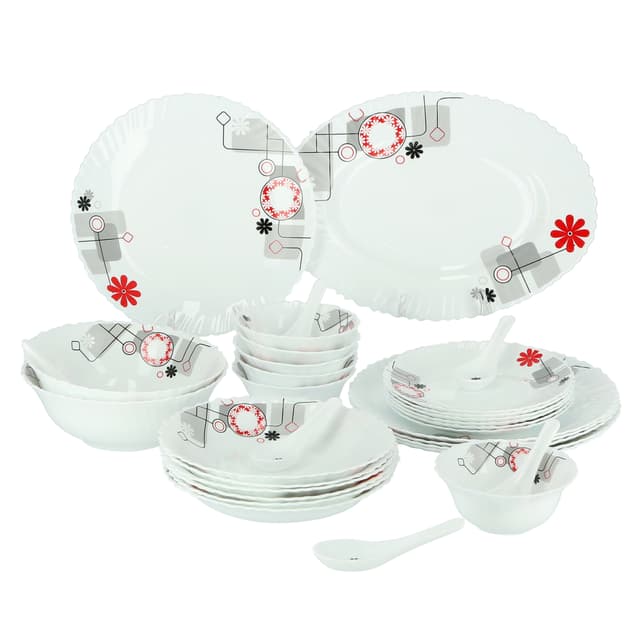 طقم صحون ( 33 قطعة ) - أبيض Royalford -  Opal Ware Dinner Set - Floral Design Plates, Bowls, Spoons