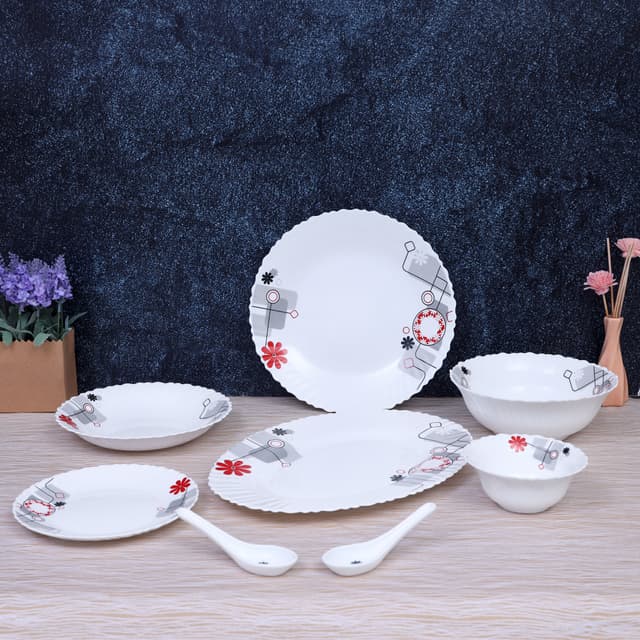 طقم صحون ( 33 قطعة ) - أبيض Royalford -  Opal Ware Dinner Set - Floral Design Plates, Bowls, Spoons