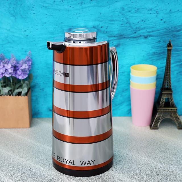 Royalford 1.6L Double Wall Golden Figured Vacuum Flask - Portable Heat Insulated Thermos Hot/Cold