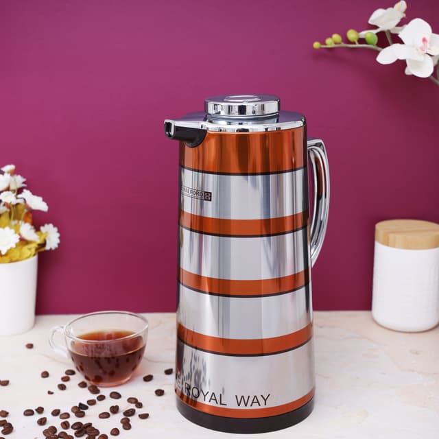 Royalford 1.6L Double Wall Golden Figured Vacuum Flask - Portable Heat Insulated Thermos Hot/Cold