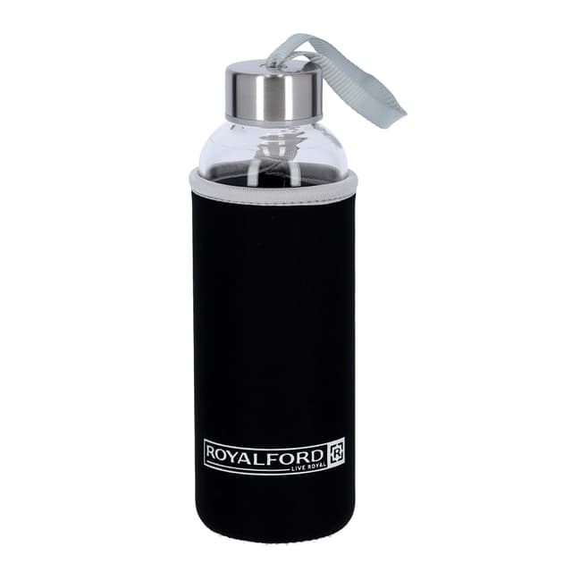 Royalford 500Ml Glass Water Bottle With Neoprene Bag - Portable Steel Cap Lead-Free, Travel Flask
