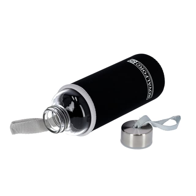 Royalford 500Ml Glass Water Bottle With Neoprene Bag - Portable Steel Cap Lead-Free, Travel Flask