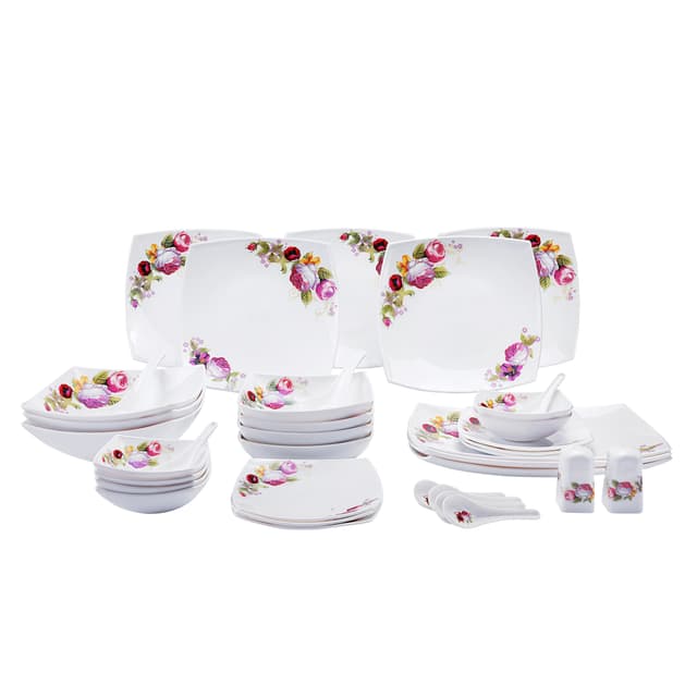 Royalford 71Pcs Opal Ware Dinner Set - Floral Design Plates, Bowls, Spoons & Salt & Pepper Set