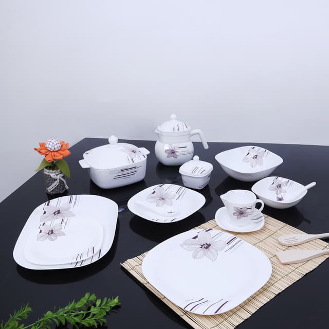 Royalford 97Pcs Opal Ware Dinner Set - Floral Design Plates, Bowls, Spoons, Cup & Saucer Tea Pot