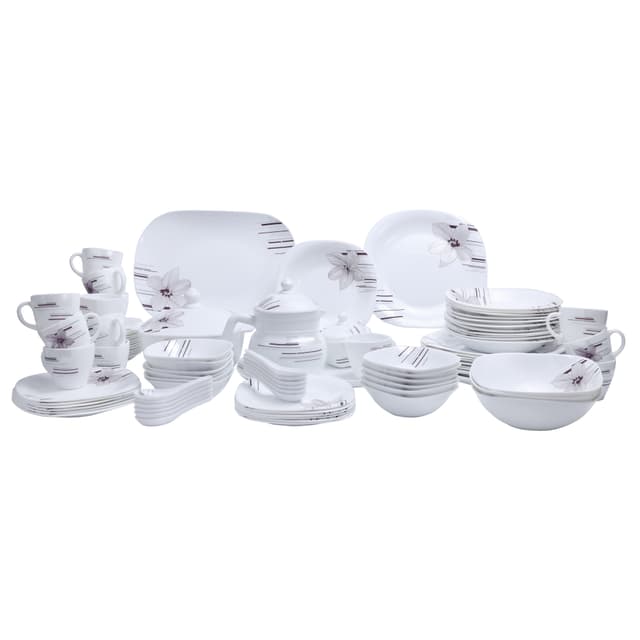 Royalford 97Pcs Opal Ware Dinner Set - Floral Design Plates, Bowls, Spoons, Cup & Saucer Tea Pot