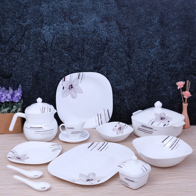 Royalford 97Pcs Opal Ware Dinner Set - Floral Design Plates, Bowls, Spoons, Cup & Saucer Tea Pot