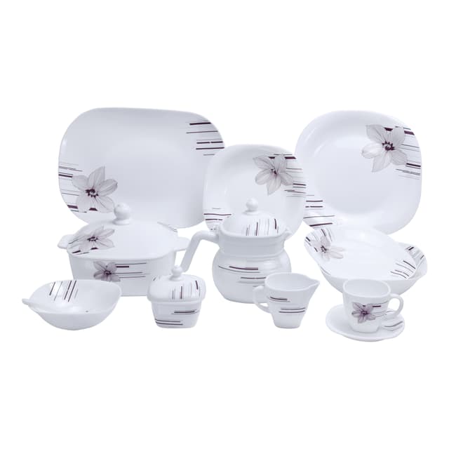 Royalford 97Pcs Opal Ware Dinner Set - Floral Design Plates, Bowls, Spoons, Cup & Saucer Tea Pot