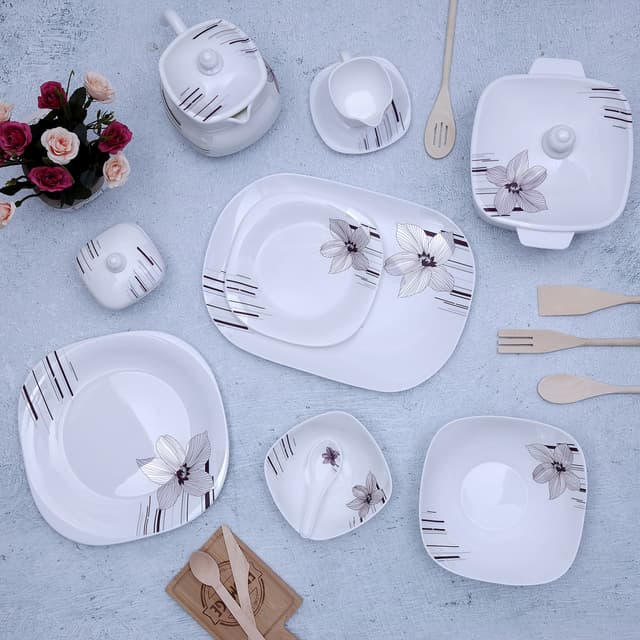 Royalford 97Pcs Opal Ware Dinner Set - Floral Design Plates, Bowls, Spoons, Cup & Saucer Tea Pot