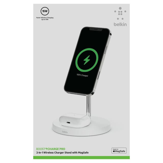 Belkin BOOST CHARGE PRO 2-IN-1 Wireless Charger Stand with MagSafe - for Apple iPhone 12 Pro Max/12 Pro/12/12 Mini & AirPods/Airpods Pro Wireless Charging Case - White