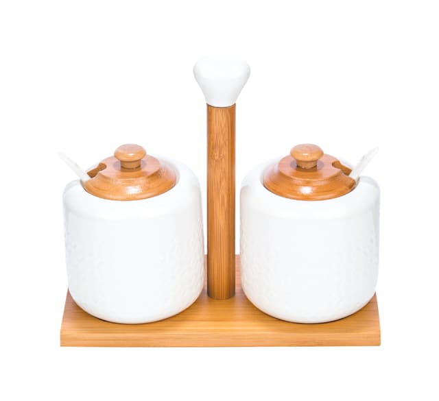 Royalford 2 Pcs Porcelain Condiment Set with Wooden Stand - Ideal for Daily Use – Non-Toxic, Ecologically Tasteless, Smooth Surface, Comfortable Grip and Lightweight – Durable and Elegant Design