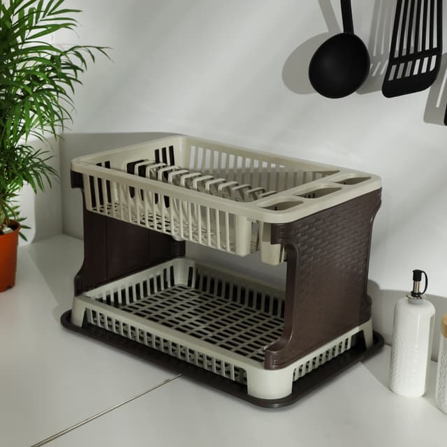 مجفف صحون بلاستيكي - طبقتين  2-Layer Dish Drainer with Drain Board - Delcasa