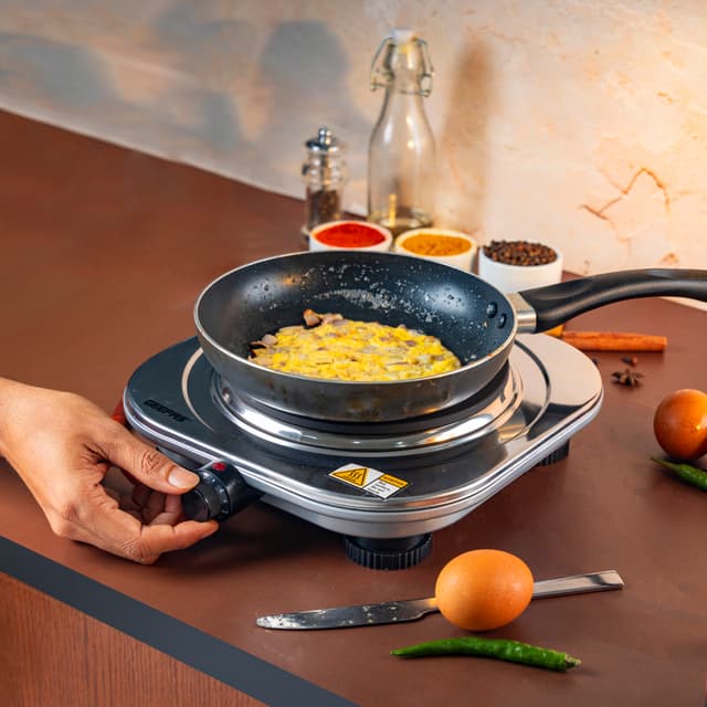 Geepas Stainless Steel Single Hot Plate, Indicator Light, GHP32023 - 1500W, Adjustable Temperature Control, Overheat Protection,2 Years Warranty, Non-Slip Feet, Auto Thermostat, Hot Plate for Kitchen Camping