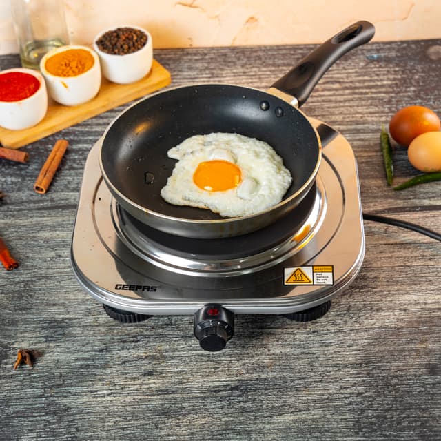 Geepas Stainless Steel Single Hot Plate, Indicator Light, GHP32023 - 1500W, Adjustable Temperature Control, Overheat Protection,2 Years Warranty, Non-Slip Feet, Auto Thermostat, Hot Plate for Kitchen Camping