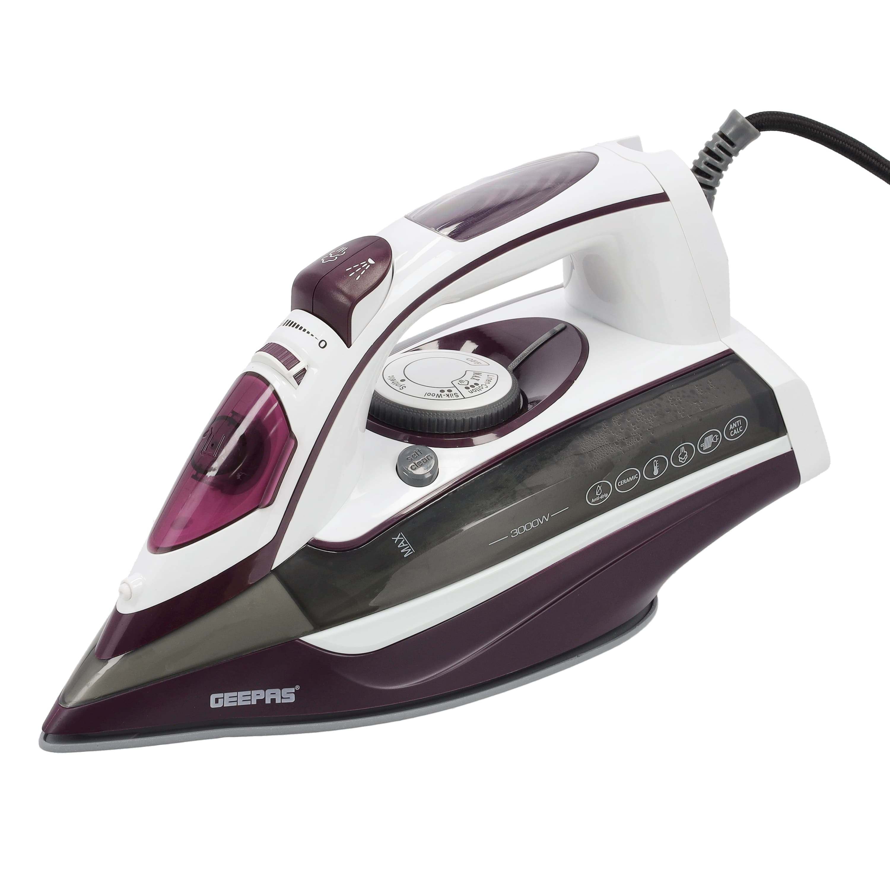 Geepas Ceramic Steam Iron, Temperature Control, GSI24025 - Ceramic Sole Plate, Wet and Dry, Self-Cleaning Function, 3000W, Powerful Steam Burst, 400ml Water Tank, 2 Years Warranty