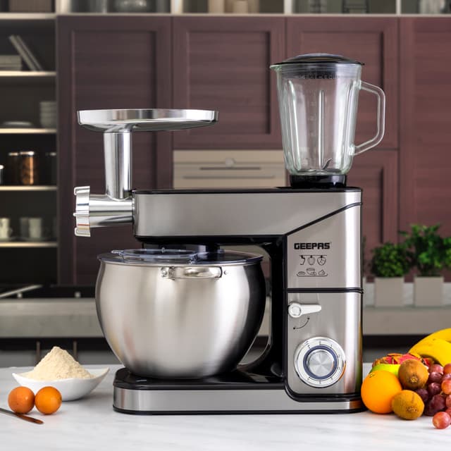 Geepas Multi-Function Kitchen Machine, GSM43044 | 10L Stainless Steel Bowl With Lid | 1.5L Glass Blender Jar | Meat Grinder | 6 Speed Control | Kitchen Electric Mixer With Dough Hook, Whisk, Beater