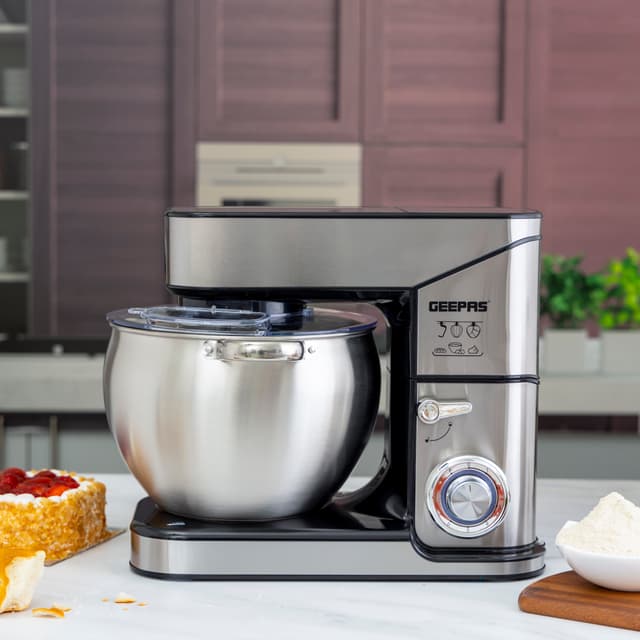 Geepas Multi-Function Kitchen Machine, GSM43044 | 10L Stainless Steel Bowl With Lid | 1.5L Glass Blender Jar | Meat Grinder | 6 Speed Control | Kitchen Electric Mixer With Dough Hook, Whisk, Beater