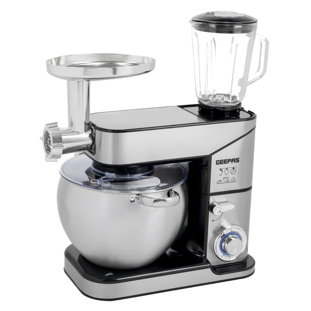 Geepas Multi-Function Kitchen Machine, GSM43044 | 10L Stainless Steel Bowl With Lid | 1.5L Glass Blender Jar | Meat Grinder | 6 Speed Control | Kitchen Electric Mixer With Dough Hook, Whisk, Beater
