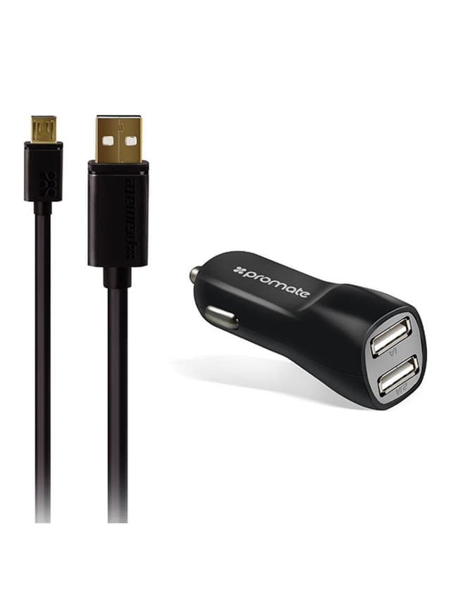 شاحن للسيارة 3.1A بمخرجين مع كيبل شحن من USB-A الى Micro أسود Dual USB Port Car Charger with Micro-USB - Promate