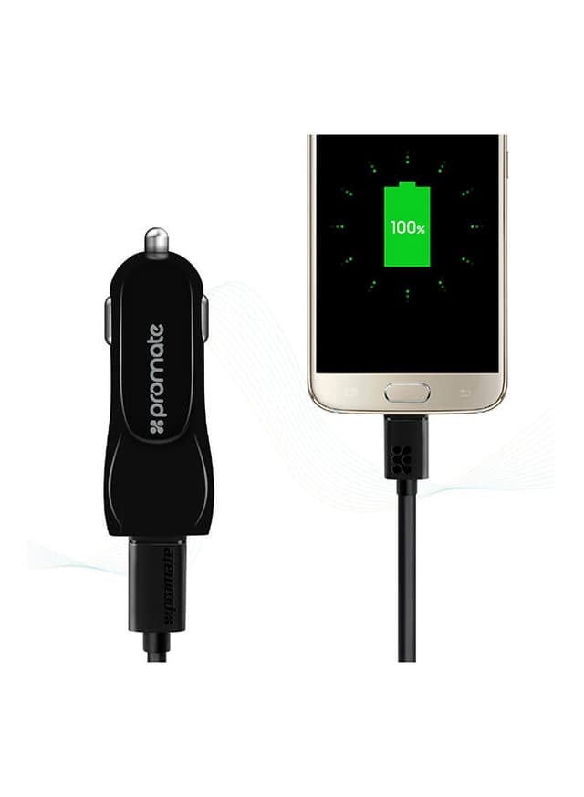 شاحن للسيارة 3.1A بمخرجين مع كيبل شحن من USB-A الى Micro أسود Dual USB Port Car Charger with Micro-USB - Promate