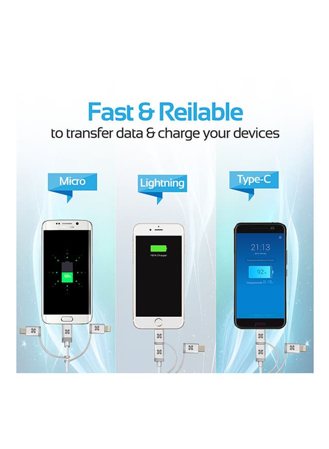 وصلة شحن متعددة المنافذ Lightning و Micro USB و USB-C أبيض | Unilink-Trio Cable 3 in 1 Triple Head Data and Charge Cable