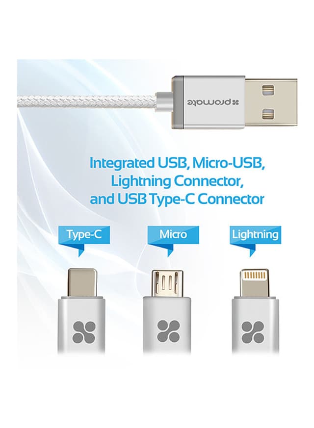 وصلة شحن متعددة المنافذ Lightning و Micro USB و USB-C أبيض | Unilink-Trio Cable 3 in 1 Triple Head Data and Charge Cable