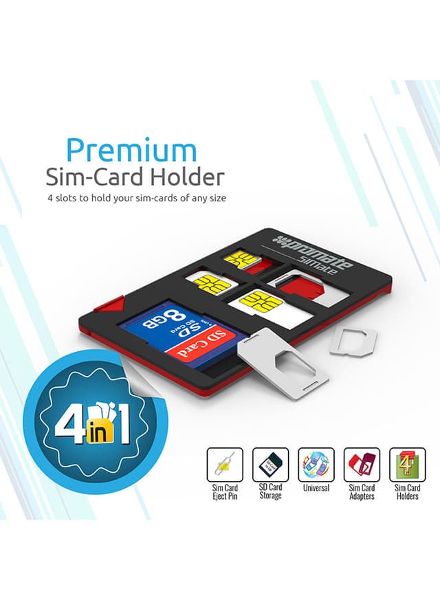 حامل بطاقة SIM سيم 4 في 1 أسود و أحمر Promate - Card Storage Kit, Multifunction 4-In-1 Card Holder with 4 Sim Card Holder