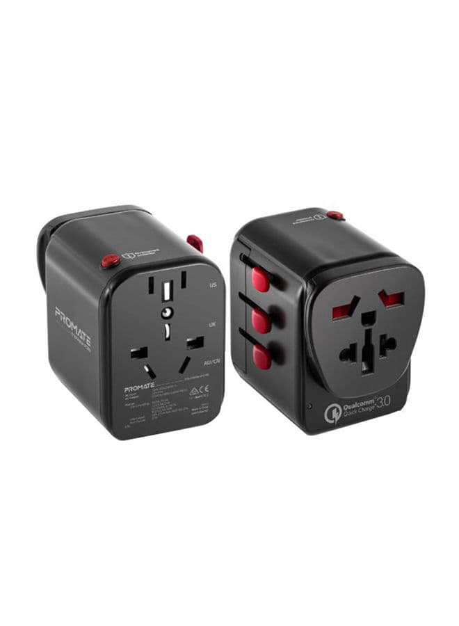 promate Travel Adapter With Re-settable Fuse And Qualcomm 3.0 USB Type-C Black