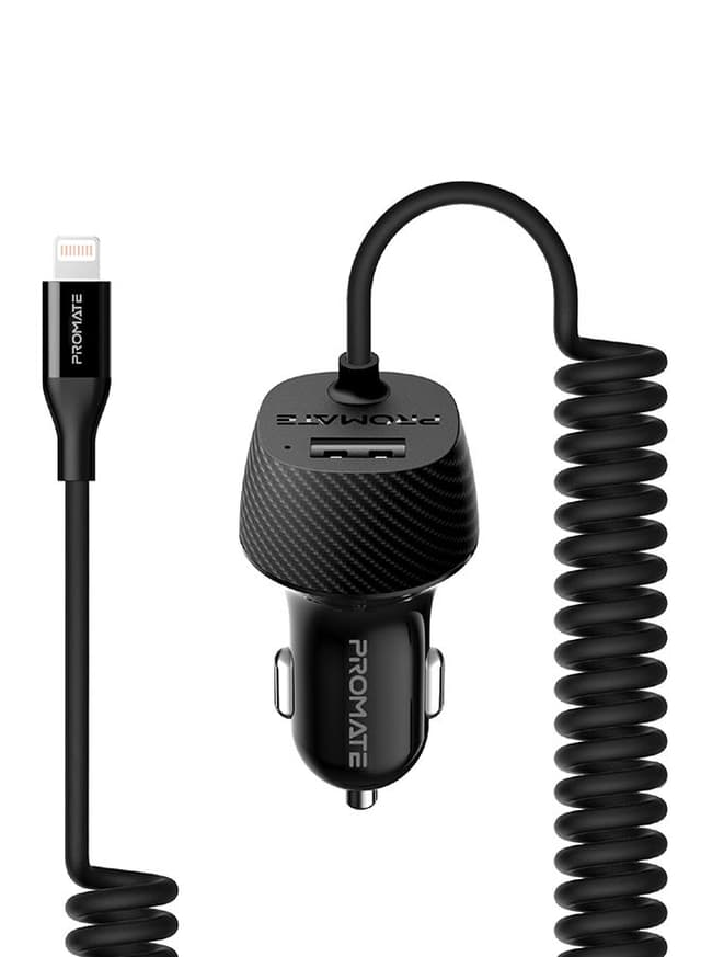 promate Premium Carbon Fibre 3.4A Car Charger with Built-In Connector Coiled Cable and 2.4A Ultra-Fast USB Charging Port, Short-Circuit Protection for Smartphones, Tablets, GPS, VolTrip-i Black
